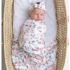 Buduhek 아기용 속싸개 담요 및 머리띠 세트 이름 카드 포함 여아용 (화이트) 139513, 핑크와 블루 플로럴