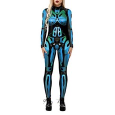 Foksikely 여성용 3D 기계식 로봇 해골 프린트 할로윈 점프수트 롬퍼 코스프레 코스튬 실버-C 122534