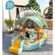 어린이 여름필수템 그늘막 에어풀장 야외 물놀이 미끄럼틀 무선충전 이동식 가정용풀장, 2.1m 유선펌프 패키지, 1개