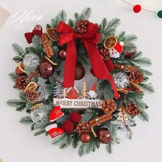 高質感手作松果聖誕老人花環 紅色蝴蝶結韓式聖誕花圈 聖誕節佈置 松果聖誕許願花環, 1個, A29 - 大款 50cm 花圈