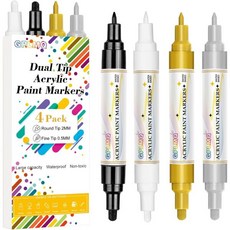 블랙 페인트 펜 아트 페인팅을 위한 4팩 듀얼 팁 아크릴 마커0.7mm 및 3mm 무독성 수성 마커 스톤 세라믹 유리 목재 패브릭 금속 DIY 공예품, 4 Colors