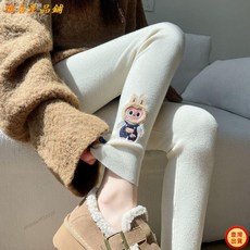 杏色labubu刺繡內搭褲女 秋冬季外穿緊身顯瘦提臀鯊魚褲女 拉布布休閒褲an