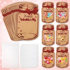 ECLATIS 간식용 DIY 메이슨 병 카드 50장 - 아동용 올인원 발렌타인 데이 세트 간식 가방 50개와 접착 스트립 50개 크래프트 종이 14.9 x 8.9cm5.9, 브라운