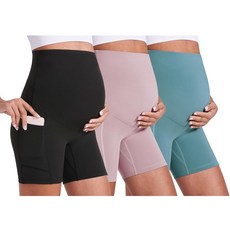 [ 855017 ] 에너지풀 여성용 임산부 요가 반바지 복부 위 편안한 바이커 운동 액티브 체육관 포켓 포함 20.3cm/12.7cm(8인치)/12.7cm(5인치) 블랙+핑크