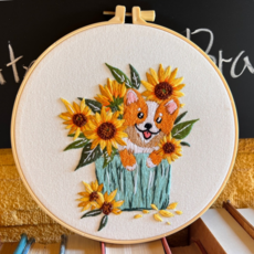 아가토스 강아지 프랑스 자수세트 DIY 취미세트, 해바라기 강아지, 1개