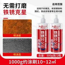 水性金屬防銹底漆 鐵銹轉化劑 欄桿彩鋼瓦除銹劑 防銹漆 鐵鏽處理, 1個, 500ML鐵銹轉化劑2瓶（含噴頭）