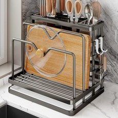 多功能刀架 筷子砧板菜板菜刀收納 置物架 檯面家用, 1個, 白色-【雙筒+刀架+砧板架】-新升級