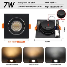 거실 등 3 색 디밍 내장 LED 천장 스포트라이트 AC 220V 110V 각도 조절 다운라이트 7W 770lm 홈 데코 개, Black square short