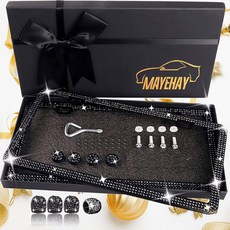 핑크 번호판 프레임 2팩 여성용 번호판 프레임 반짝이는 다이아몬드 번호판 프레임 글리터 번호판 프레임과 선물 상자 핑크 타이어 밸브, 2Pack Black - GiftBox