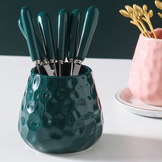 臺南出貨 水果叉子 家用 可愛套裝 水果叉 不銹鋼水果簽 不銹鋼叉子 兒童 樹葉小叉 叉子, 素色祖母綠罐1個+銀叉6支, 1個