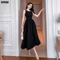 DFMEI 블랙원피스 여자롱여름엘레강스 햅번나시비즈A라인스커트 9606