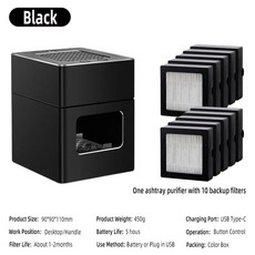 뚜껑이 있는 충전식 미니 재떨이 라이터가 분리형 USB 라인이 알루미늄 무연 쓰레기통 휴대용 (색상-Bla with 10filter), 05 Black with 10filter