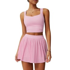 ABEHIK 여성용 테니스 드레스 투피스 하이 웨이스트 플리츠 스커트 세트 스퀘어 넥 운동 탱크 탑 골프 의상 핑크 S