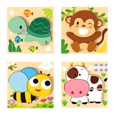 브레인버니 아기 유아 원목퍼즐 교구, 동물(거북이+원숭이+꿀벌+젖소), 1개