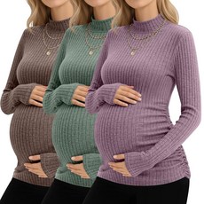 Neer 3팩 여성용 임산부 상의 긴소매 스웨터 모크 터틀넥 셔츠 골지 니트 엄마 의류 라이트 퍼플 그린 커피 XL 120827