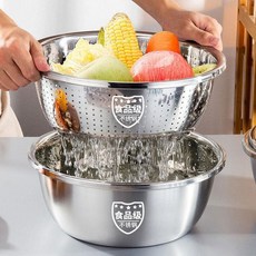 食品級不鏽鋼盆 家用廚房打蛋盆瀝水籃 無磁加厚大反邊歐式面盆, 1個, 32cm兩件套【瀝水籃+實盆】食品級特厚