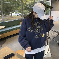 Hooozen 여성 라운드넥 자수 루즈핏 캐주얼 심플 긴소매 맨투맨