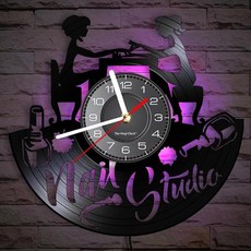 228169 Timethink 네일 아트 비닐 레코드 벽시계 살롱 스튜디오 비즈니스 로고 벽 장식 빈티지 LP 무소음 30.5cm(12인치) 배터리 작동 매니큐어 선물 소녀 침, 조명 포함