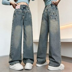 Tooliva 여아 청바지 주니어 와이드 데님팬츠 청소년 밴딩 통바지 워싱 스트레이트