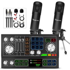 팟캐스트 장비 번들 2인용 오디오 인터페이스 3.5mm 콘덴서 마이크 포함 보이스 체인저 듀얼 BT 무선 PC스마트폰노트북용 48V 팬텀 전원 공급 장치 스트리밍 녹화 TikTok, HS-902-2 S