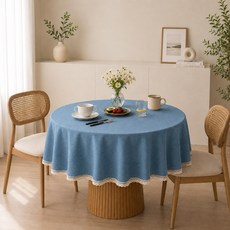 마에르 원형 레이스 방수 식탁보 북유럽 테이블보, 1개, 140cm, 블루