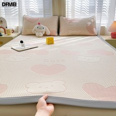 DFMEI a類提花冰豆豆涼蓆三件套家用可水洗空調席軟席宿舍單人摺疊席子, 大愛心熊-粉【A類冰豆豆/涼感透氣/親膚裸睡】