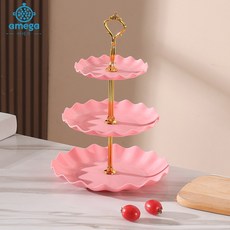 AMEGA 3단 트레이 과일 케이크 간식 파티 스탠 쟁반 트레이, 2개, 핑크