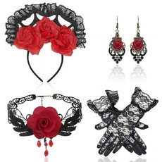 ECLATIS ZAGQIG 6피스 할로윈 고딕 하이퀄리티 주얼리 세트 여성 초커 목걸이 디자인 팔찌 귀걸이 세트 사이즈 조절 가능 레드 로즈 스팀펑크 마녀 뱀파이어 의류 액