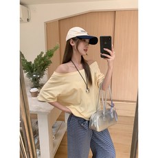 여성용 오프숄더 반팔 티셔츠 여름용 루즈핏 블랙 원숄더 상의