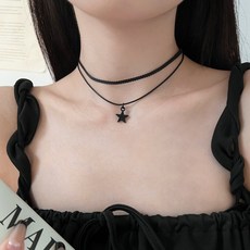 아이루리 더블 라인 별 블랙 초커 데일리 스타일 레이어드 캐주얼 가죽 믹스 포인트 목걸이