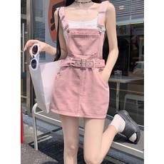 Cwadun 여성 핑크 데님 스트랩 원피스 스커트