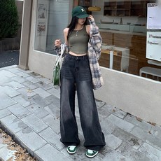 여성 가을 아메리칸 빈티지 스타일 빅사이즈 와시드 루즈핏 그레이 청바지