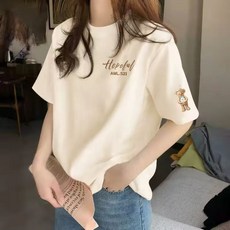 短袖T恤 圓領短袖上衣女 夏季薄款寬鬆顯瘦 韓版字母小熊印花正肩T恤