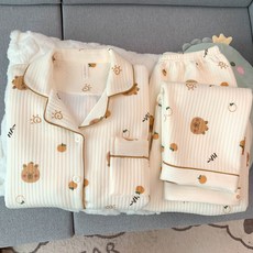 韓國可愛線條小狗空氣夾棉長袖長褲睡衣 秋冬季夾層保暖睡衣 卡通加厚保暖家居服套裝 兩件式女生睡衣 寬鬆舒適