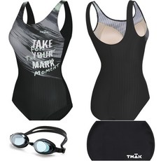 티막&제인코트 여성 U자형 실내 수영복+ 수경 +수모 3종 세트 브라 포함