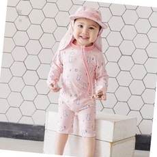 토끼 패턴 핑크 투명 비치웨어 원피스형 아동 여름 물놀이 수영장 바다 자외선