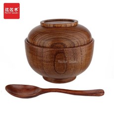 熱銷 復古風手工整木實木木頭套碗 多用碗兒童碗 奶茶碗 泡麪木碗帶蓋 木碗, 整木約直徑14高10釐米+勺A, 1個