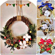 DIY聖誕花環材料包 聖誕節藤圈材料包 松果花圈 聖誕節裝飾品 聖誕掛飾 - 台灣現貨, 1個, (10cm星星B款)紅果鈴鐺,(附藤圈)非成品，需DIY手工製作