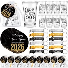 Yiyiring 18세트 해피 뉴 이어 이브 파티 용품 손님을 위한 선물 맞춤형 병따개 키체인 아크릴 투명 샷 글라스 2026년 응원 선물 카드 새해 전야 파티 장식용