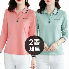 엘바리스 중년 여성 카라 배색 스트라이프 포인트 스탠다드 핏 골프 긴팔티 2종세트