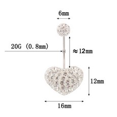 N7 人體穿刺 桃心滿鑽肚臍環 0.8mm 細桿 醫用鋼, 1個