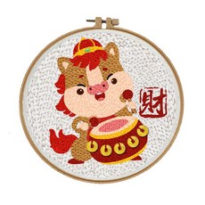 戳戳繡 手工diy材料包 刺繡擺件新年禮物, 1個, 鼓動生財,包含毛線戳布