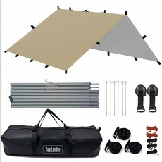 탑 랜더 19개의 연결 고리가 있는 다용도 대형 렉타 캠핑 방수 타프 차량용어닝 야외용 UV 차단, 카키, 타프 세트(실버 코팅 타프)