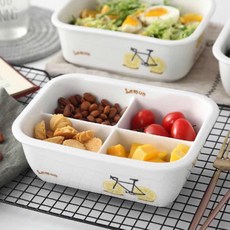 多格陶瓷便當盒，附蓋，可微波，上班族餐具，檸檬自行車圖案, 1個, 碩扣兩格檸檬車,單個