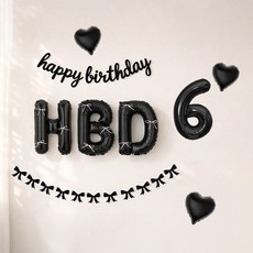 해피제이니 HBD 이니셜 생일 호일풍선 블랙 리본 생일가랜드 파티용품 세트, 1세트, 블랙풀세트 숫자6