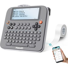 Makeid E1 휴대용 라벨 메이커 - 블루투스 호환 열 프린터 QWERTY 키보드 4.42인치 LCD 화면 9mm 12mm 16mm 투명 방수 스티커 인쇄 USB 케이블 포함, black
