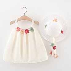 몽실이 플라워장식 쉬폰 나시원피스 모자세트 여아 아기 바캉스룩 나들이룩 여름 포인트 드레스