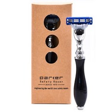 면도기 수동 남성 Parker Safety – 밀착 면도 위 트리플 블레이드가 있 Deluxe Mach 3 크롬 이 포함된 프리미엄 화이트 레진 핸들, Black, 블랙
