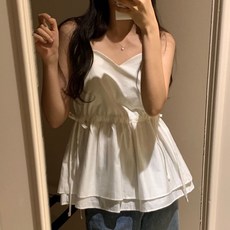 해피스패로 하트넥 발레코어 레이어드 나시 리본끈 나시 허리 리본 민소매 흰색 허리리본 셔링 프릴 주