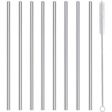 칵테일 빨대 짧은 스테인리스 스틸 6인치 재사용 가능한 금속 미니 바 음료 세트세척 브러쉬 포함 록 진 글라스 커피 메이슨 자 병잔 주스 박스용 실버 8개, 0.24" Width x 8.46" Length, Silver--8pcs